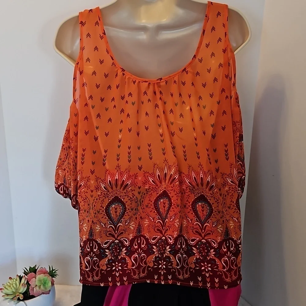 Arizona The Original Jean Company. Cold Shoulder Boho Top Size S orange  floral - Picture 10 of 16